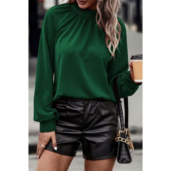 Azura Exchange  Green Cutout Back Ruched Mock Neck Blouse - Picture 3 of 15